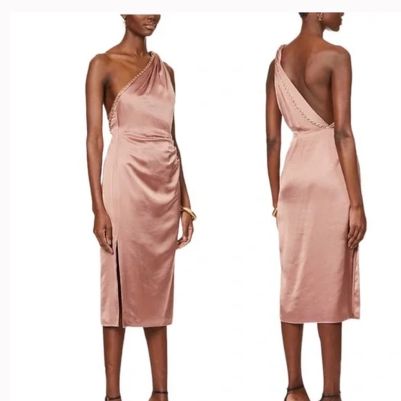REISS dress Adaline Satin Drape Chain Detail Dress, Blush × 1 - Picture 3 of 5